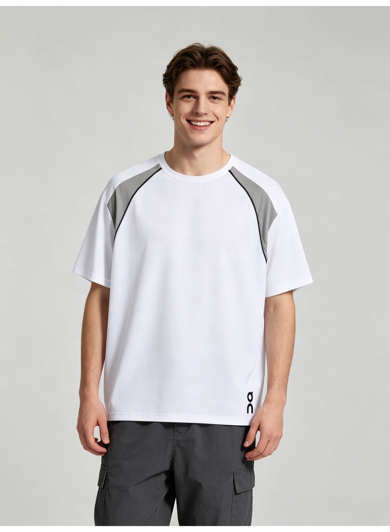 On Running Men Color Block Raglan Short Sleeve T-Shirt, White Gray Contrast Stripe Crew Neck Quick Dry Sports Tee with Side Logo Print - Image 3