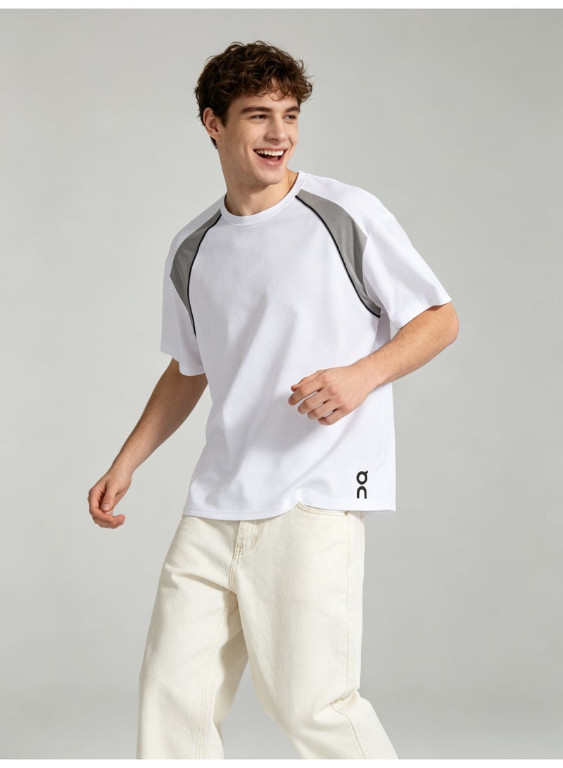On Running Men Color Block Raglan Short Sleeve T-Shirt, White Gray Contrast Stripe Crew Neck Quick Dry Sports Tee with Side Logo Print - Image 2