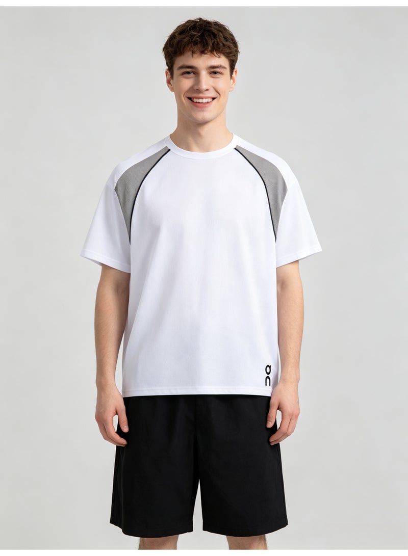 On Running Men Color Block Raglan Short Sleeve T-Shirt, White Gray Contrast Stripe Crew Neck Quick Dry Sports Tee with Side Logo Print - Image 5