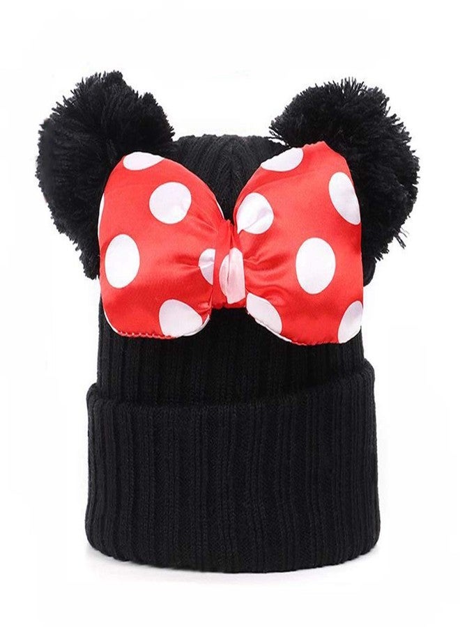 Newfancy Toddler Girls Winter Beanie Hats with Pom Poms Warm Knit Baby Cap with Cute Mouse Ears Bowknot Black - Image 1