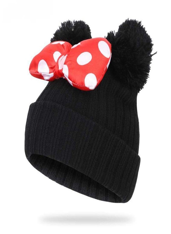 Newfancy Toddler Girls Winter Beanie Hats with Pom Poms Warm Knit Baby Cap with Cute Mouse Ears Bowknot Black - Image 2
