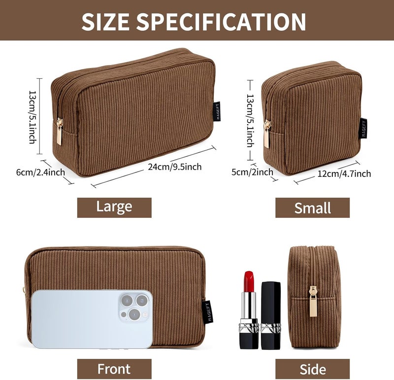 MAGEFY Cosmetic Bag Small Makeup Bag for Handbag, Cord Makeup Bag Women with Compartments Travel Makeup Bag for Girls Women, Small+Big-Brown-2 Pieces - Image 2