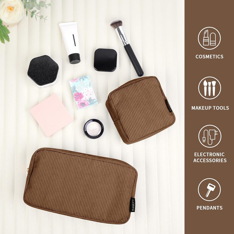 MAGEFY Cosmetic Bag Small Makeup Bag for Handbag, Cord Makeup Bag Women with Compartments Travel Makeup Bag for Girls Women, Small+Big-Brown-2 Pieces - Image 4