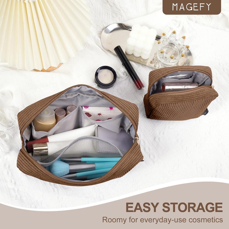 MAGEFY Cosmetic Bag Small Makeup Bag for Handbag, Cord Makeup Bag Women with Compartments Travel Makeup Bag for Girls Women, Small+Big-Brown-2 Pieces - Image 5