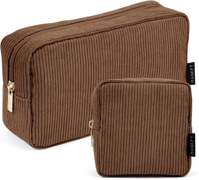 MAGEFY Cosmetic Bag Small Makeup Bag for Handbag, Cord Makeup Bag Women with Compartments Travel Makeup Bag for Girls Women, Small+Big-Brown-2 Pieces - Image 1