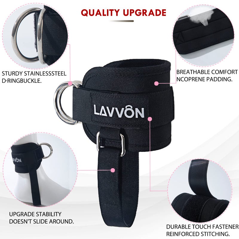 LAVVON Ankle Straps for Cable Machines Kickbacks - Adjustable Comfort Ankle Cable Attachments for Gym Ankle Cuff Cable Machine Glute Kickback Straps - Leg Extensions, Curls & Ankle Cuffs Women (Black) - Image 3