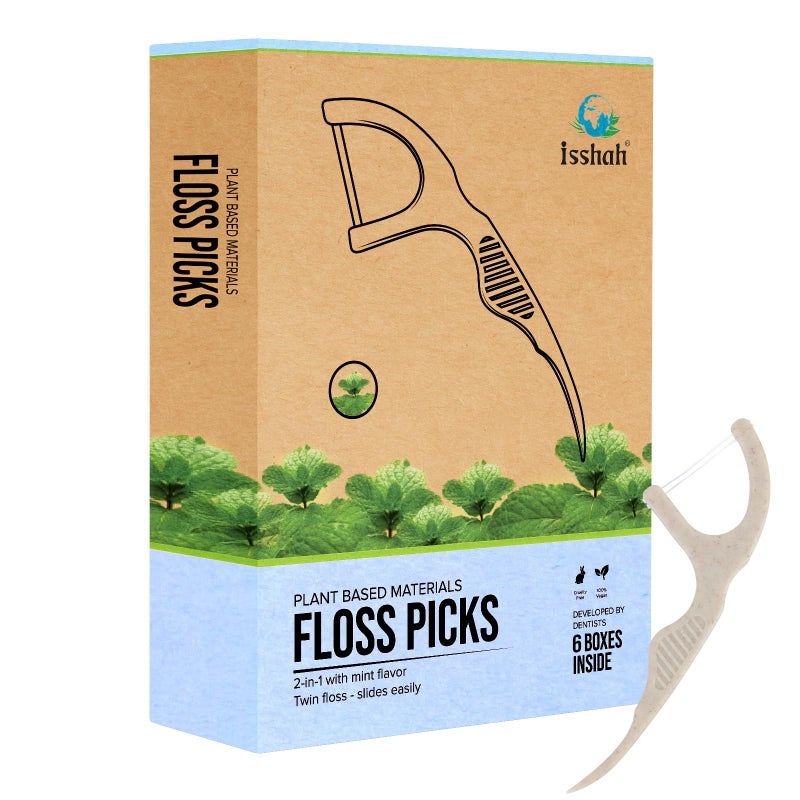 Isshah Natural Dental Floss Picks 300 Count Plant Based PETA Approved Vegan Eco Friendly Sustainable Dental Flossers Twin Floss Mint