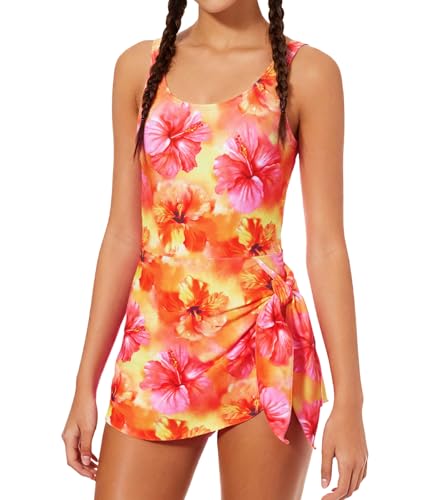 Cuddomper Girl Swimsuit One Piece Swim Dress Floral Hibiscus Adjustable Straps Bathing Suit with Pad Vacation Beach Modest Swimwear Size 11-12 - Image 1