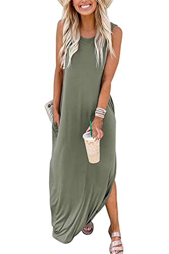 Hount Ladies Summer Dresses 2025 Clothing Women's Summer Casual Sexy Split Sleeveless Long Maxi Dress with Pockets Army Green Small - Image 3