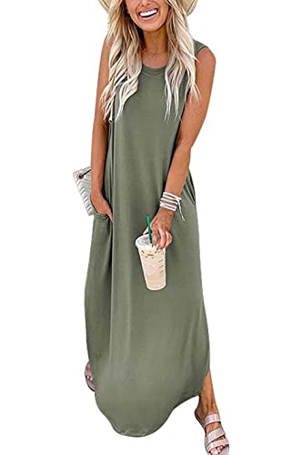 Hount Ladies Summer Dresses 2025 Clothing Women's Summer Casual Sexy Split Sleeveless Long Maxi Dress with Pockets Army Green Small - Image 1