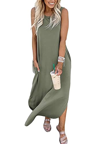 Hount Ladies Summer Dresses 2025 Clothing Women's Summer Casual Sexy Split Sleeveless Long Maxi Dress with Pockets Army Green Small - Image 2
