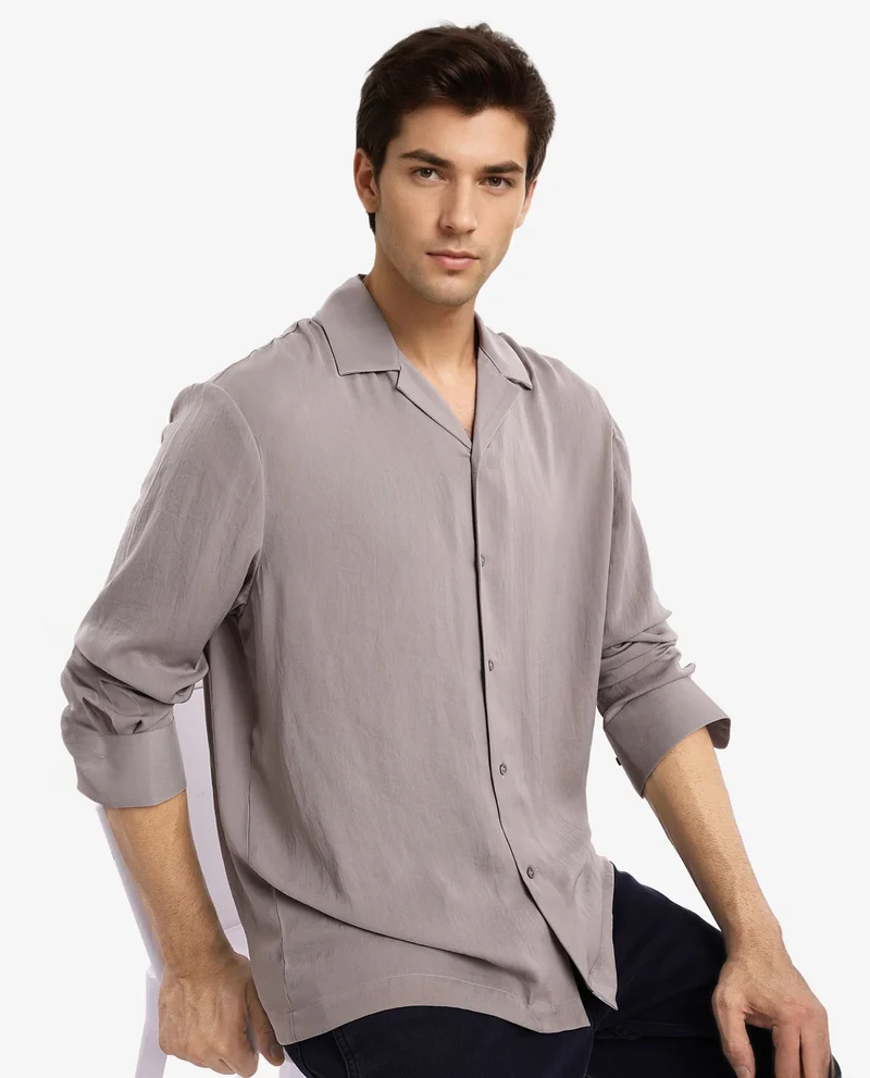 Rare Rabbit Rare Rabbit Articale Men's Enzo Dusky Grey Polyester Fabric Full Sleeve Collared Neck Button Closure Slim Fit Solid Shirt