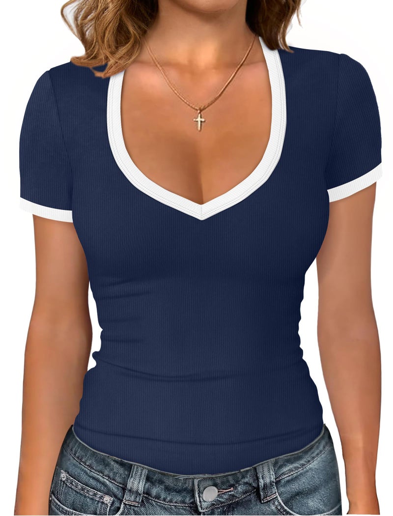 Sampeel Shirts for Women Trendy V Neck Summer Cute Tops Color Block Slim Fit Ladies Tops and Blouses Tshirts Shirts with Leggings Women Tops Dressy Casual Vacation Outfits 2026 Navy Blue L - Image 1