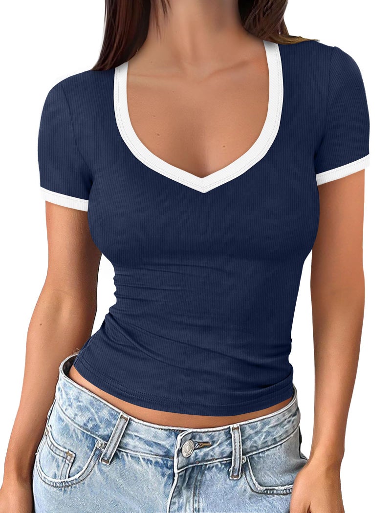 Sampeel Shirts for Women Trendy V Neck Summer Cute Tops Color Block Slim Fit Ladies Tops and Blouses Tshirts Shirts with Leggings Women Tops Dressy Casual Vacation Outfits 2026 Navy Blue L - Image 2