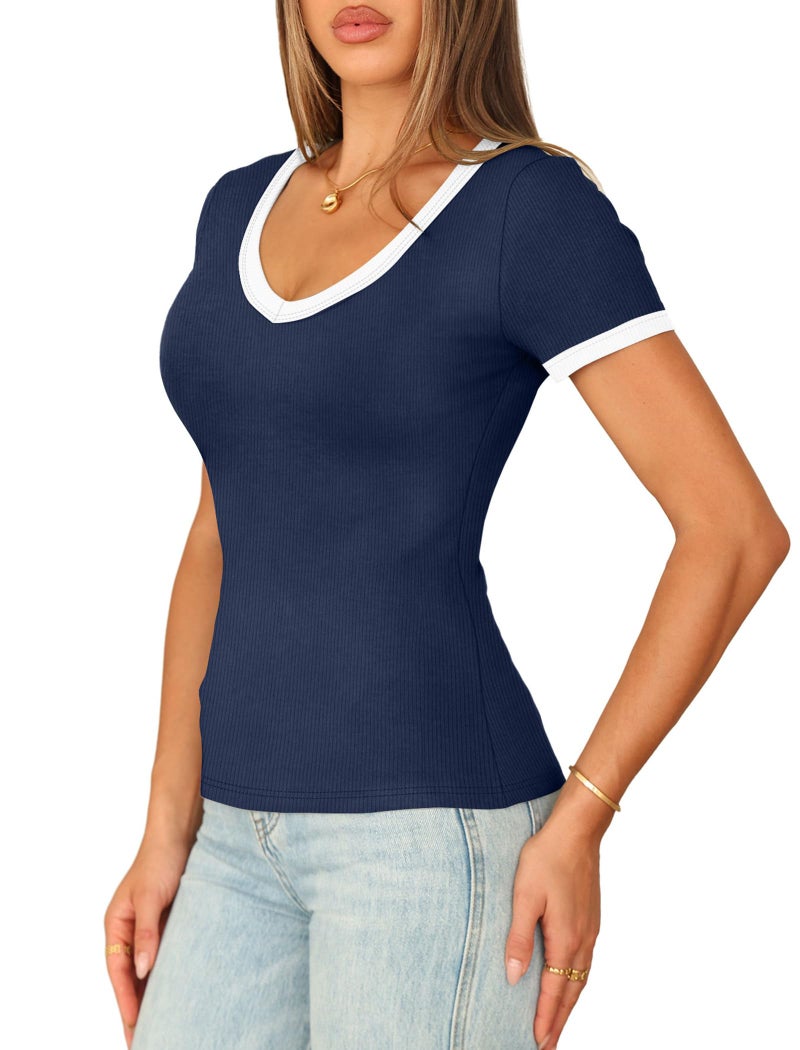 Sampeel Shirts for Women Trendy V Neck Summer Cute Tops Color Block Slim Fit Ladies Tops and Blouses Tshirts Shirts with Leggings Women Tops Dressy Casual Vacation Outfits 2026 Navy Blue L - Image 3