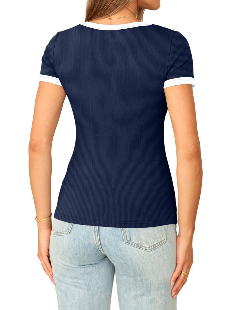 Sampeel Shirts for Women Trendy V Neck Summer Cute Tops Color Block Slim Fit Ladies Tops and Blouses Tshirts Shirts with Leggings Women Tops Dressy Casual Vacation Outfits 2026 Navy Blue L - Image 4