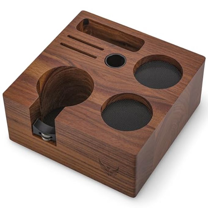 KNODOS 54mm Espresso Tamping Station V3 Walnut Portafilter Holder Espresso Organizer for Breville Machines with Tamper Holder, Distributor Slot, and Multi Accessory Storage - Image 1