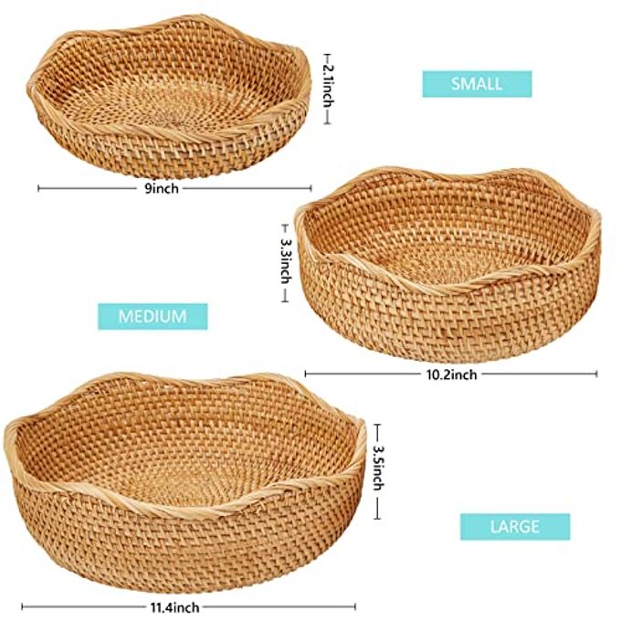 Whalehub Natural Rattan Round Fruit Basket Bowls, Hand Woven Decor Serving Baskets, Wicker Storage for Dinning Room (Wave-Small)7.9''(D) X2.6''(H) - Image 3
