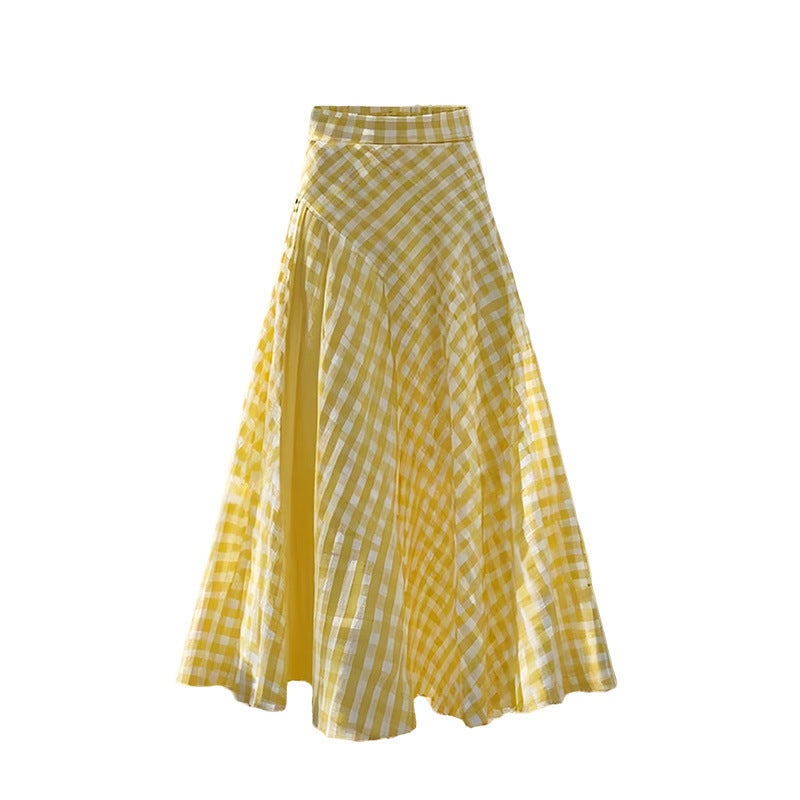 Yellow Waist-Cinching Plaid Design Long Skirt for Women 2025 New Fashionable and Popular Summer Style Tall/high-waisted, slim and elegant/popular style/pear-shaped figure]