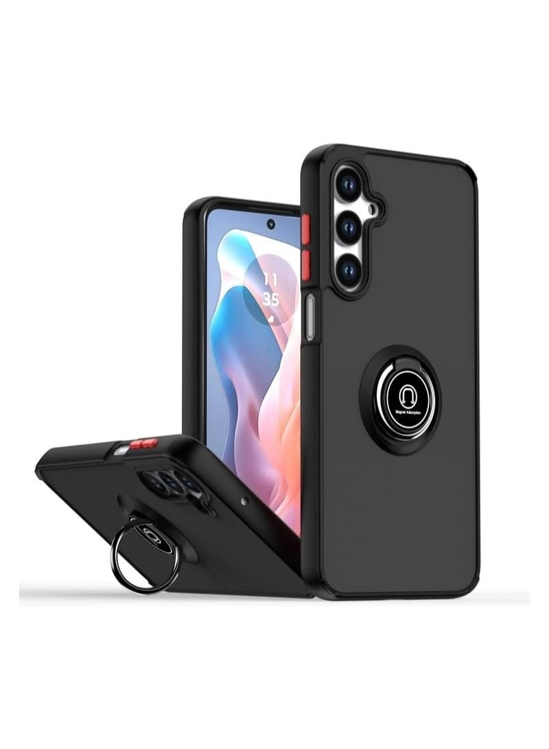 غطاء هاتف Galaxy S24 FE مع حلقة معدنية لحمل الهاتف ودعامة وقاعدة مغناطيسية للسيارة، مقاوم للصدمات، ظهر صلب غير لامع (أسود) - Image 1