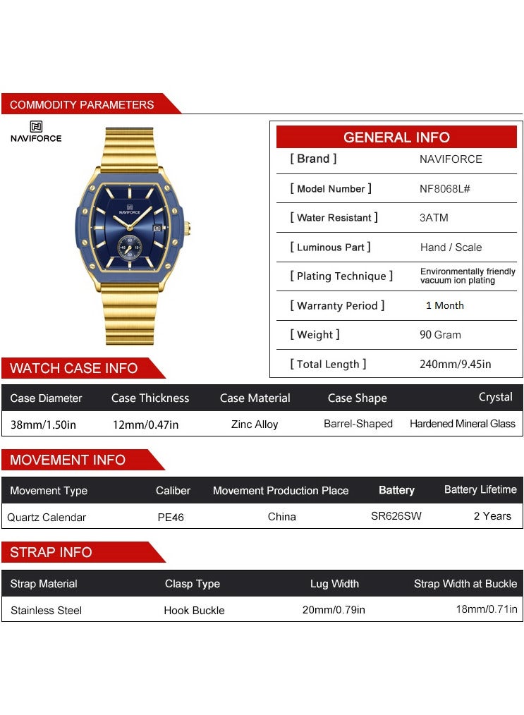 ساعة يد كوارتز كاجوال أنيقة من الفولاذ المقاوم للصدأ للرجال والنساء NF8068 G/BE