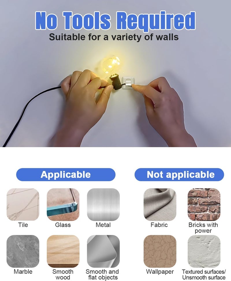 LZC Hooks for Outdoor String Lights Clips: 50 Pack Square Clear Large Heavy Duty Light Hook Waterproof Adhesive Strips - Outside Hanging Rope Light Cable Cord Holders Organizer - Image 4