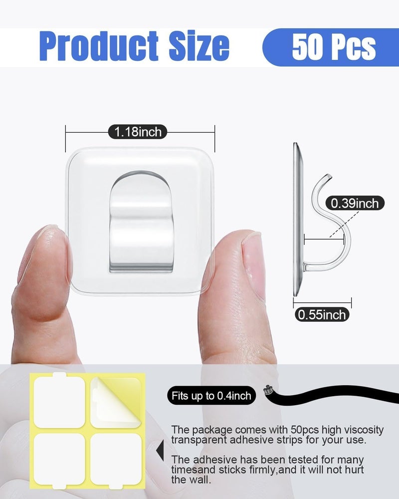 LZC Hooks for Outdoor String Lights Clips: 50 Pack Square Clear Large Heavy Duty Light Hook Waterproof Adhesive Strips - Outside Hanging Rope Light Cable Cord Holders Organizer - Image 2