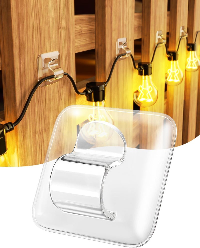 LZC Hooks for Outdoor String Lights Clips: 50 Pack Square Clear Large Heavy Duty Light Hook Waterproof Adhesive Strips - Outside Hanging Rope Light Cable Cord Holders Organizer - Image 1
