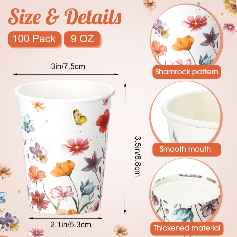 Maxcheck Maxcheck 100 Pcs Floral Party Supplies Bulk Spring Flower Paper Cup Disposable 9 oz Flowers Drinking Coffee Cup for Tea Party Hot Cold Drinks Wedding Birthday Bridal Baby Shower(Wildflower)  - Image 1