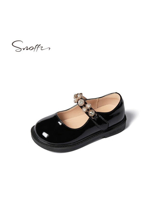 Snoffy Girls' Leather Shoes, Spring And Autumn Children's Mary Jane Leather Shoes, Pearl Princess Shoes, Comfortable Performance Shoes, Flats, Iris Black, Size 32 - Image 5