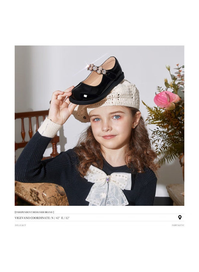 Snoffy Girls' Leather Shoes, Spring And Autumn Children's Mary Jane Leather Shoes, Pearl Princess Shoes, Comfortable Performance Shoes, Flats, Iris Black, Size 32 - Image 2