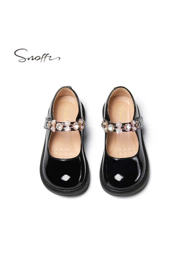 Snoffy Girls' Leather Shoes, Spring And Autumn Children's Mary Jane Leather Shoes, Pearl Princess Shoes, Comfortable Performance Shoes, Flats, Iris Black, Size 32 - Image 3