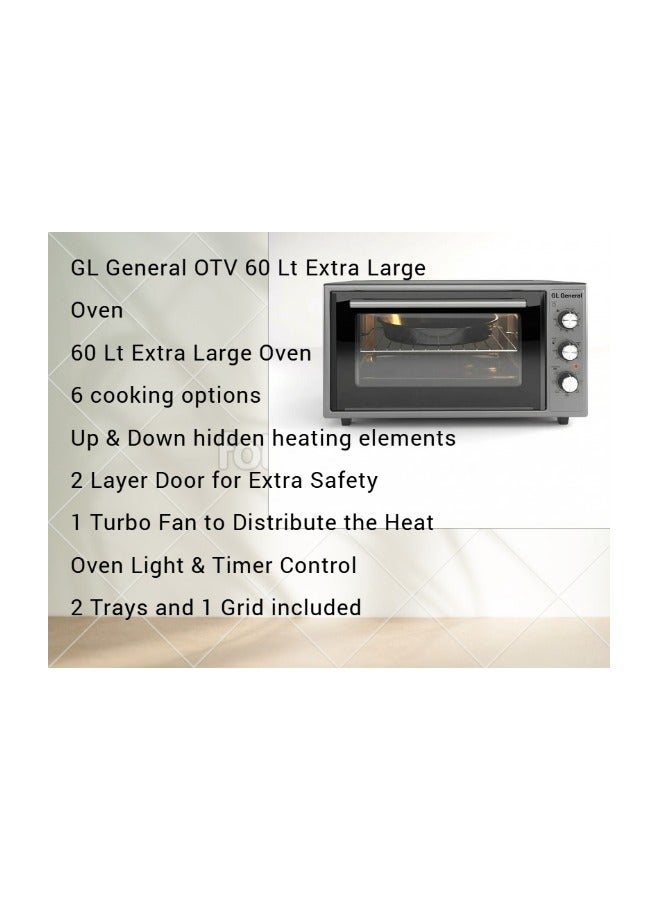 GL General General GL 60 Lt Electrical Toaster Oven, 6 Multi Functions, 60x49cm, 2100 Wat, Double Glass, Up & Down Heating, Mechanical Timer, Internal Light, Deep Tray & Stand Included - Image 3