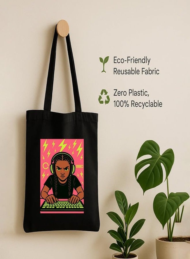 Megrok Girl Vibes Tote Bag for Women | Front A4 Size Printed Pocket | 16x14 Inch Women in Tech Cotton Bag | Engineer Networking Essential - Image 5