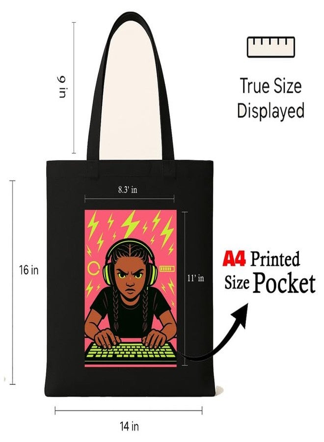 Megrok Girl Vibes Tote Bag for Women | Front A4 Size Printed Pocket | 16x14 Inch Women in Tech Cotton Bag | Engineer Networking Essential - Image 3