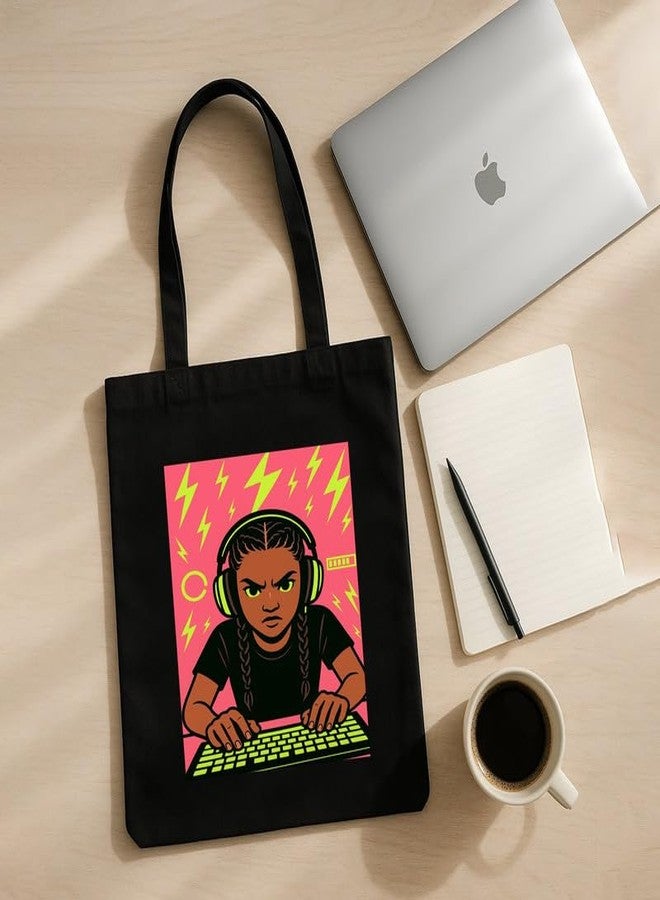 Megrok Girl Vibes Tote Bag for Women | Front A4 Size Printed Pocket | 16x14 Inch Women in Tech Cotton Bag | Engineer Networking Essential - Image 4