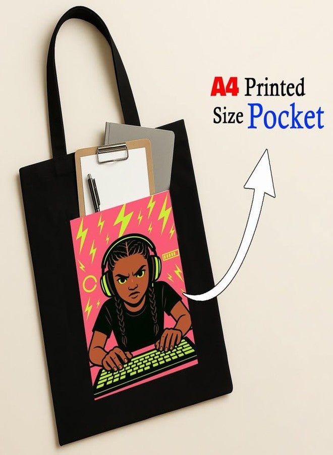 Megrok Girl Vibes Tote Bag for Women | Front A4 Size Printed Pocket | 16x14 Inch Women in Tech Cotton Bag | Engineer Networking Essential - Image 2