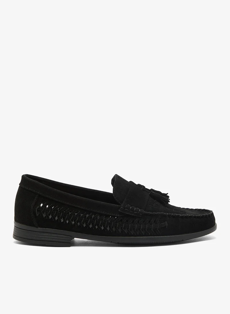 MENS BLACK FAUX SUEDE LOAFER WITH WOVEN DETAIL TASSEL