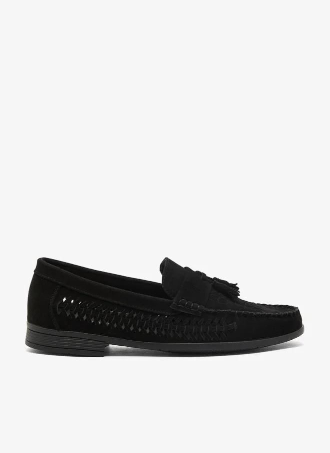 BRAVE SOUL MENS BLACK FAUX SUEDE LOAFER WITH WOVEN DETAIL TASSEL