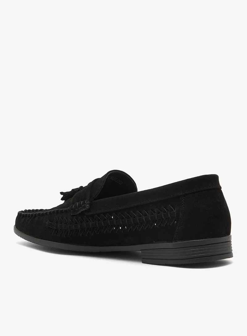 BRAVE SOUL MENS BLACK FAUX SUEDE LOAFER WITH WOVEN DETAIL TASSEL