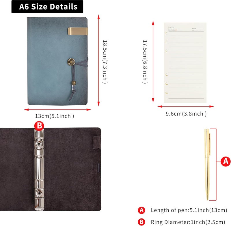WONDERPOOL Leather Journal Lined Paper Notebook & Pen - Refillable 6 Ring Binder Writing Spiral Diary with Ruled Notepads Vintage Cover for Office Travel Work and Plan Agenda (a-Cyan, A6) - Image 2