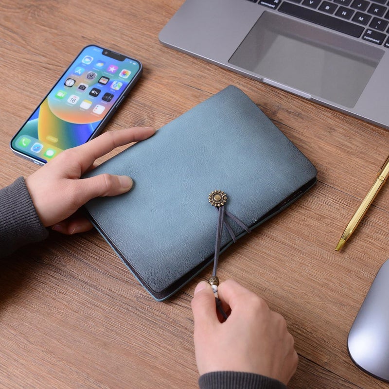 WONDERPOOL Leather Journal Lined Paper Notebook & Pen - Refillable 6 Ring Binder Writing Spiral Diary with Ruled Notepads Vintage Cover for Office Travel Work and Plan Agenda (a-Cyan, A6) - Image 3