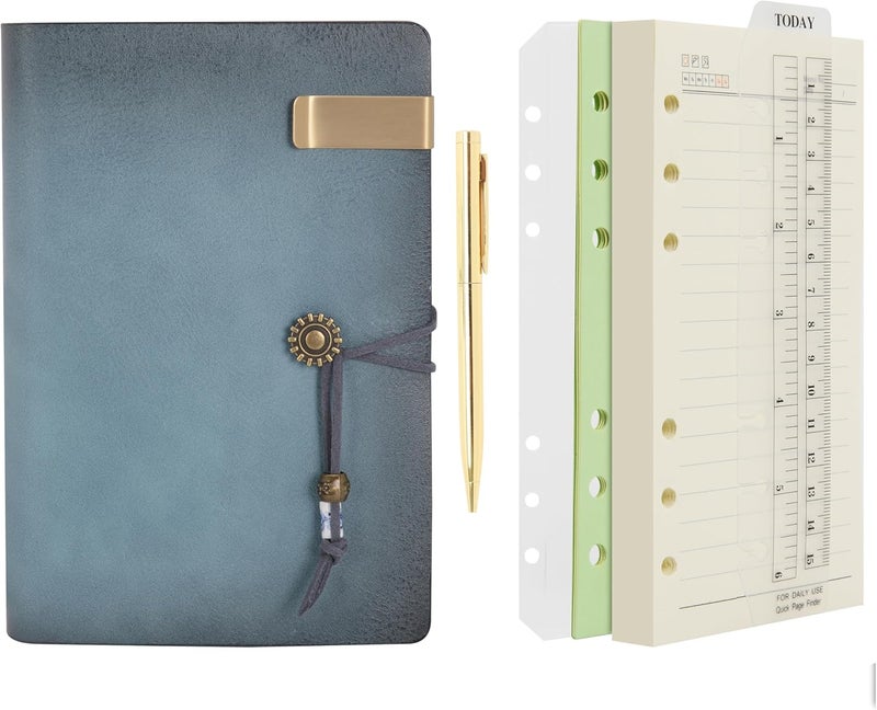 WONDERPOOL Leather Journal Lined Paper Notebook & Pen - Refillable 6 Ring Binder Writing Spiral Diary with Ruled Notepads Vintage Cover for Office Travel Work and Plan Agenda (a-Cyan, A6) - Image 1