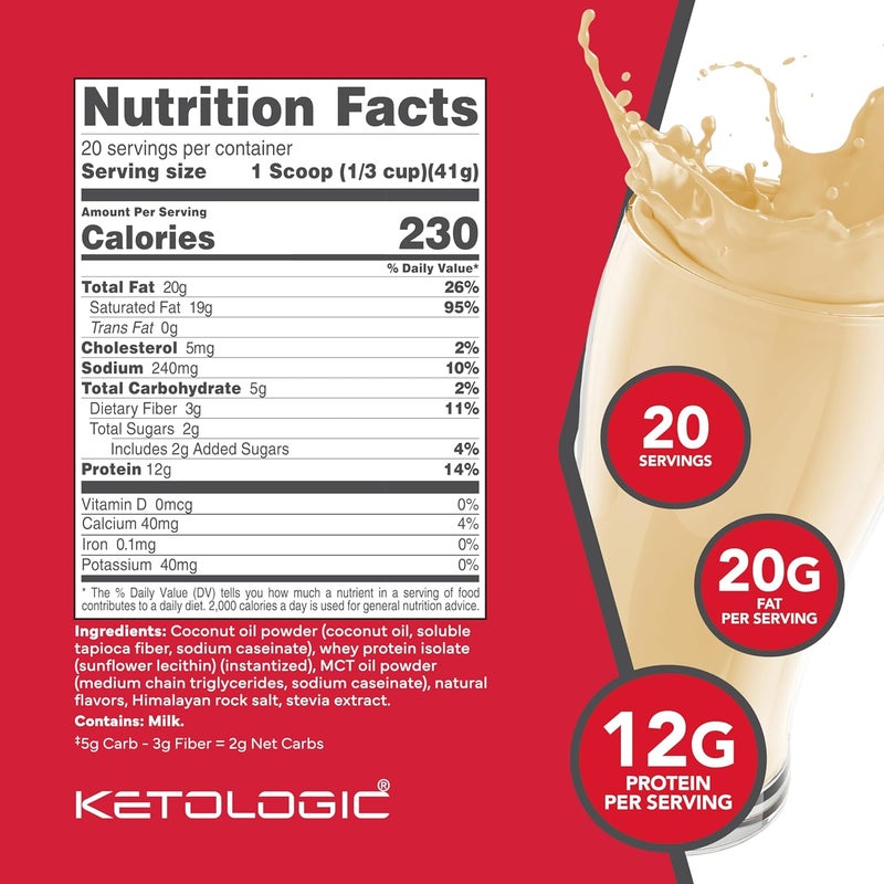 Ketologic مسحوق استبدال الوجبة كيتولوجيك كيتو لتحقيق نتائج مثالية زيت MCT مصل اللبن من الأبقار العشبية ماكروز مصممة بشكل مثالي للكيتوز 20 حصة فانيليا - Image 2