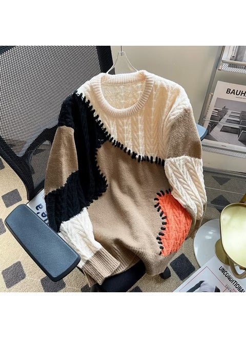 Mens Retro Colorblock Knit Sweater Lazy Casual CoupleJCF 769 apricot JCF 769 apricot