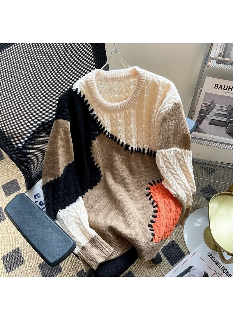 Generic - Mens Retro Colorblock Knit Sweater Lazy Casual CoupleJCF 769 apricot JCF 769 apricot - Image 1