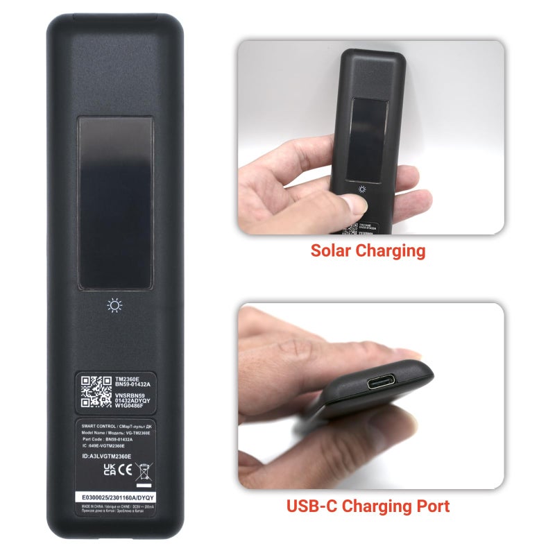 ARCSTILL New BN59-01432A TM2360E Solar Voice Remote, USB-C Rechargeable Bluetooth Remote Control with Solar Charging Compatible with Samsung 2023-2024 Neo QLED 8K Smart TVs, HDR Ultra HD - Black - Image 5