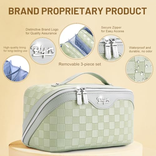 BOYATU Travel Makeup Bag Organizer: 3 Pcs Set Large Capacity Cosmetic Bags Holds 10–20 100ml Full-Size Bottles - 180°Open-Flat Make up Case 3-sec touch-up - Toiletry Bag Gift women (01-D-Green) - Image 3