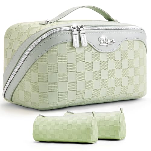 BOYATU Travel Makeup Bag Organizer: 3 Pcs Set Large Capacity Cosmetic Bags Holds 10–20 100ml Full-Size Bottles - 180°Open-Flat Make up Case 3-sec touch-up - Toiletry Bag Gift women (01-D-Green) - Image 1
