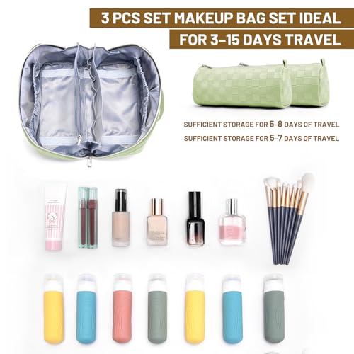 BOYATU Travel Makeup Bag Organizer: 3 Pcs Set Large Capacity Cosmetic Bags Holds 10–20 100ml Full-Size Bottles - 180°Open-Flat Make up Case 3-sec touch-up - Toiletry Bag Gift women (01-D-Green) - Image 4